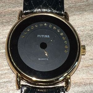 Futura Quartz Japan Movt Black Dial Wrist Watch Black Band New Battery In Box